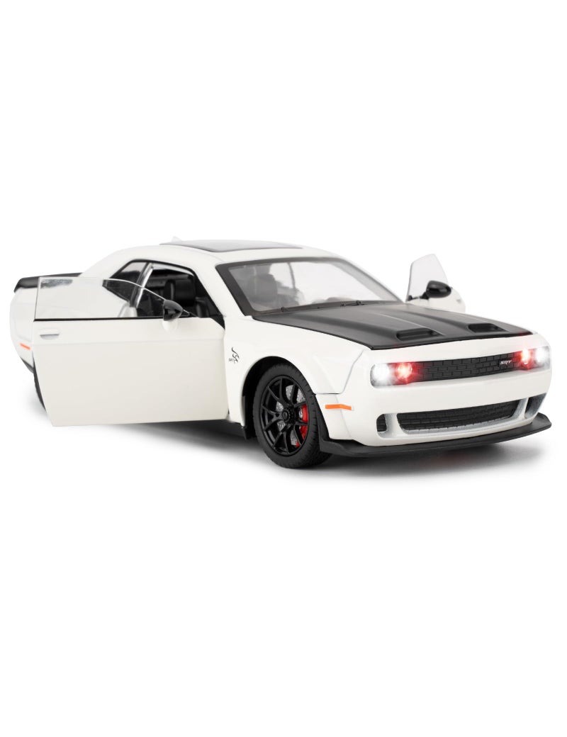 LOVEPOSELY متوافق مع 1/24 دودج تشالنجر SRT Hellcat نموذج سيارة قابل للجمع، نموذج سيارة مصبوب مع أضواء وأصوات لعبة سيارة سحب للخلف للبالغين والأطفال تزيين هدايا عيد الميلاد (أبيض) - Image 1